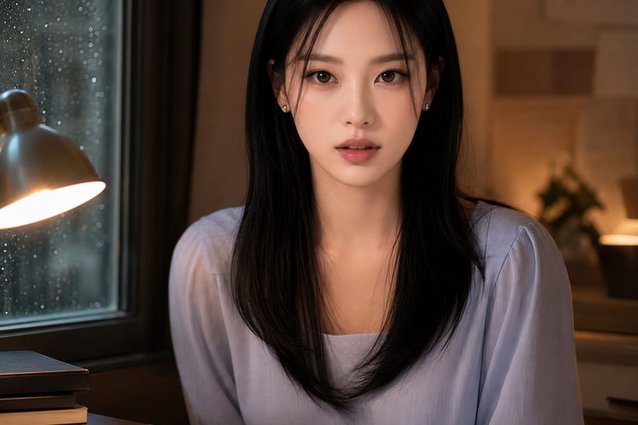 비 오는 창가와 따뜻한 책상 앞에 앉은 윤채린의 조용한 일기 분위기 이미지