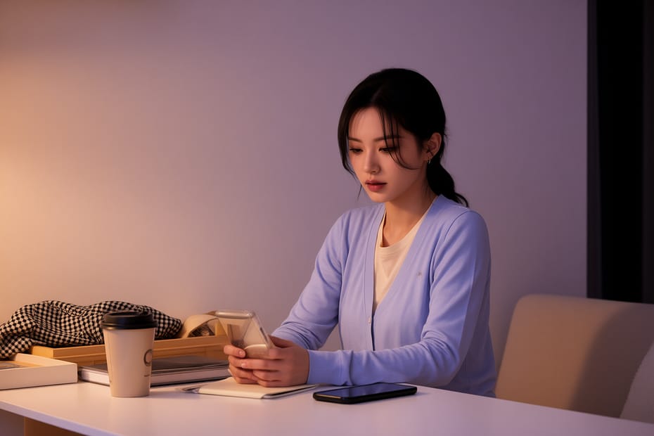 월요일 밤 실내에서 휴대폰 알림을 바라보며 조용히 생각에 잠긴 윤채린