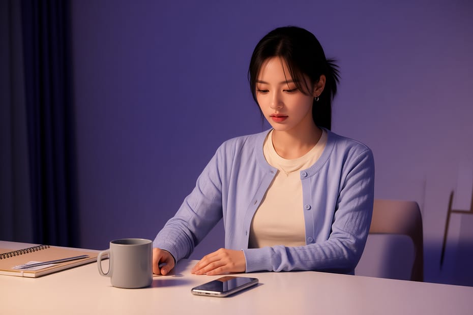 테이블 앞에서 휴대폰 알림을 정리한 뒤 잠시 생각에 잠긴 윤채린