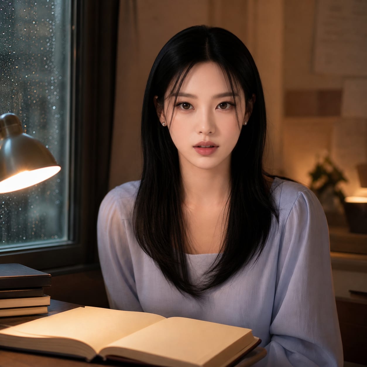 비 오는 창가와 따뜻한 책상 앞에 앉은 윤채린